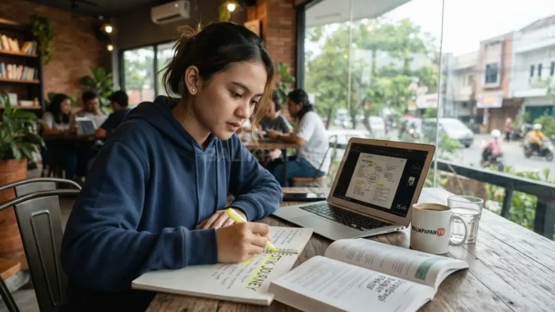 Siswa belajar produktif dengan mengatur waktu dan fokus di meja belajar